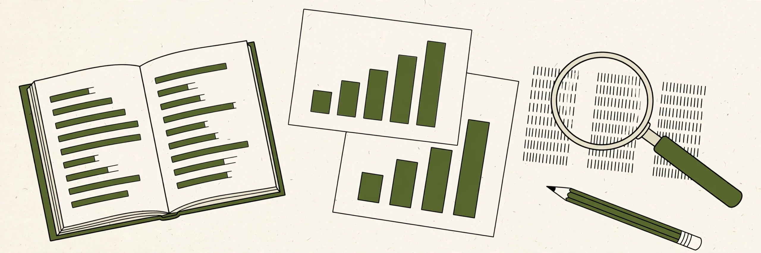 An open ledger with charts, checked under a magnifying glass