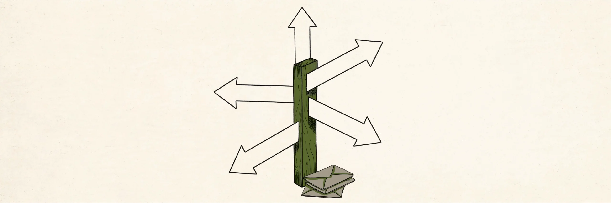 A signpost with arrows pointing in five different directions