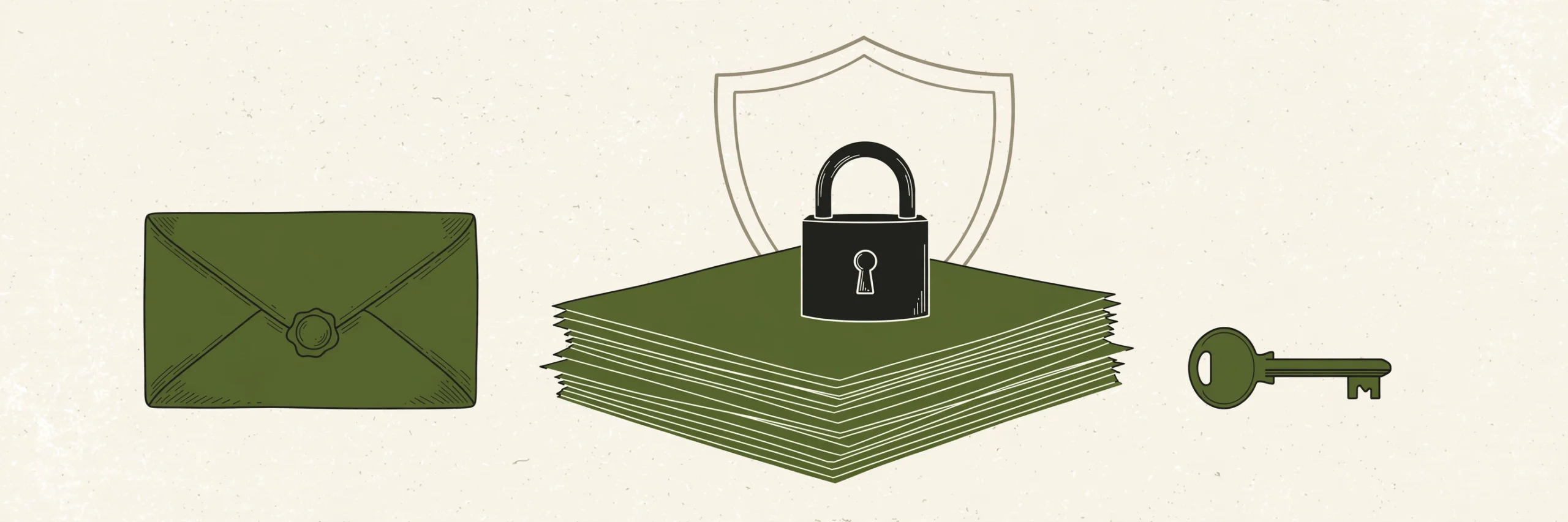 A sealed envelope with a padlock and a shield